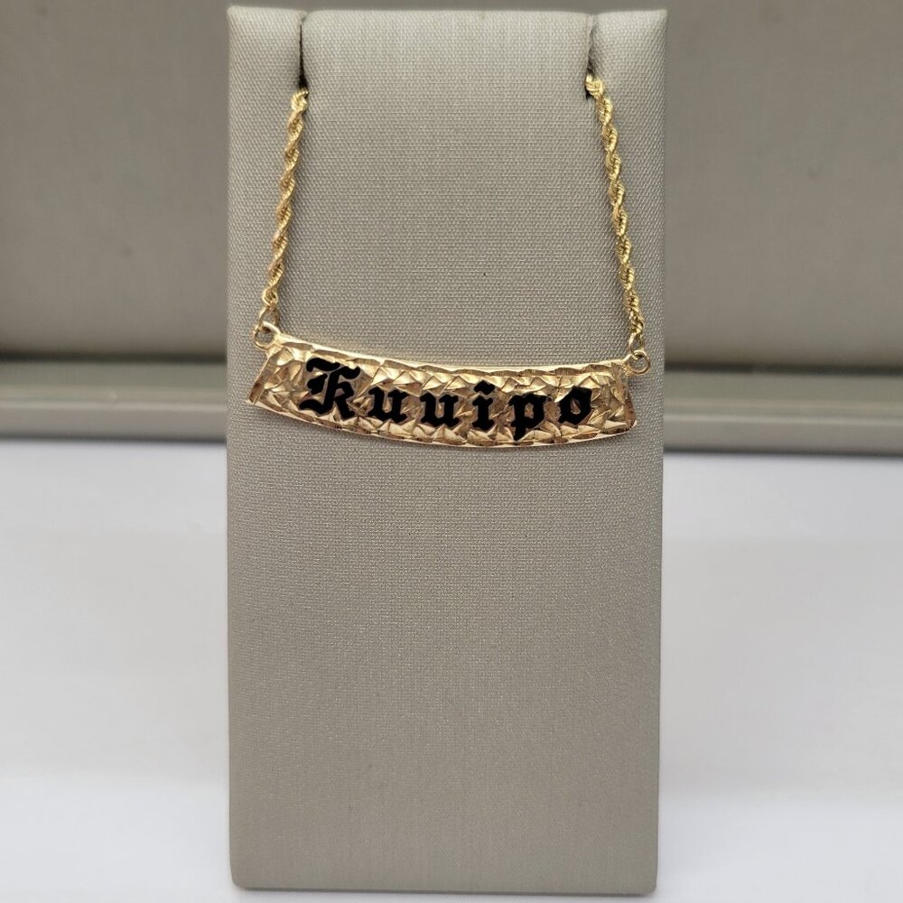 Hawaiian Horizontal Bar "Kuuipo" Pendant on 16.5" Rope Chain, 14kt Yellow Gold